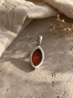 Sterling Silver Minimalist Marquise Pendant • Designer Signed .925 • Amber Tone